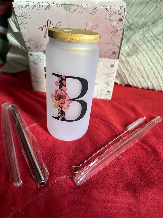 Other - Monogram Floral 'B' Frosted Bottle with wooden Lid 3 straws and cleaning tool